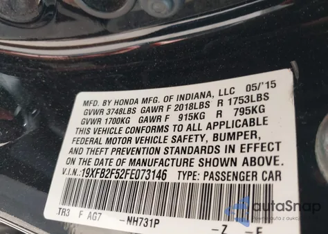 2015 Honda Civic Lx из США, поврежденный, VIN 19XFB2F52FE073146